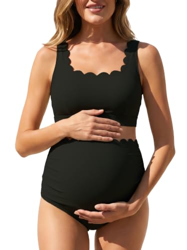 Scalloped Maternity Bikini Swimsuit Two Piece Bow Tie Swimwear - color: Black, size: 10