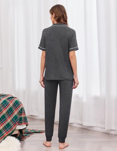Ekouaer Women Pajama Set Short Sleeve Button Down Pjs with Jogger Pants - color: Dark Grey, size: Small