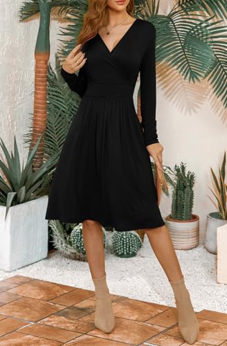 WEACZZY Women's Long Sleeve V Neck Casual Fall Dresses with Pockets - color: 01 Long Sleeve Black, size: XX-Large