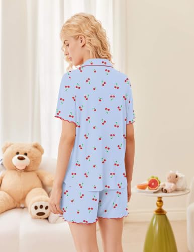 Ekouaer Button Up Pajamas for Women Set Ribbed Knit Pjs 2 Piece Lounge Set - color: Blue-cherries, size: Large