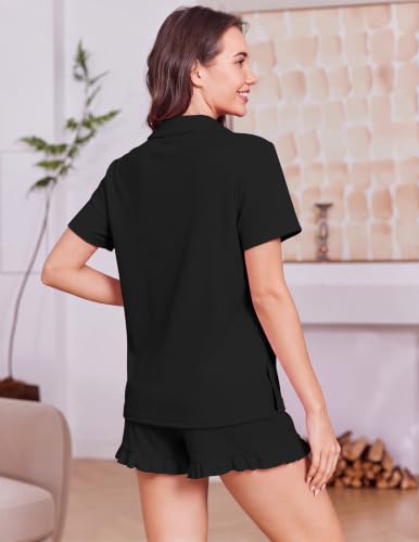 Ekouaer Women's Pajamas Sets Button Down Pjs Short Sleeve Ruffle Sleepwear - color: Black, size: Medium