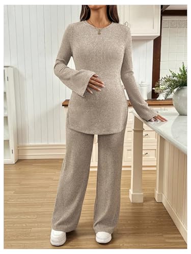RoseSeek Women's Maternity 2 Piece Ribbed Knit Fall Pregnancy Outfits - color: Apricot, size: Medium