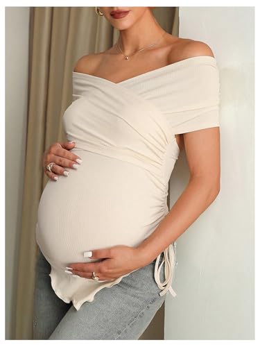 MakeMeChic Women's Maternity Summer Clothes Short Sleeve Off The Shoulder Wrap Ruffle Ruched Tops - size: X-Large