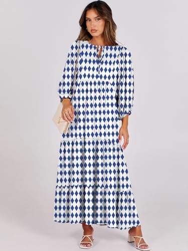 ANRABESS Womens Boho Floral 3/4 Puff Sleeve Maxi Dress - color: Blue, size: Medium