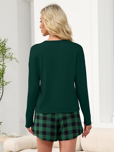 ANRABESS Womens Long Sleeve Striped Pajama 2 Piece Lounge Sets - color: Green Plaid, size: Medium