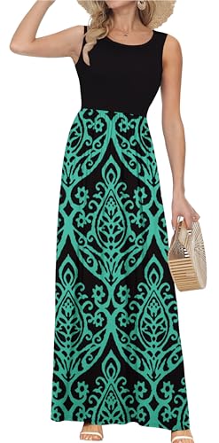 AUSELILY Women's Summer Sleeveless Loose Plain Casual Long Maxi Dresses - color: 02-black Green, size: X-Large
