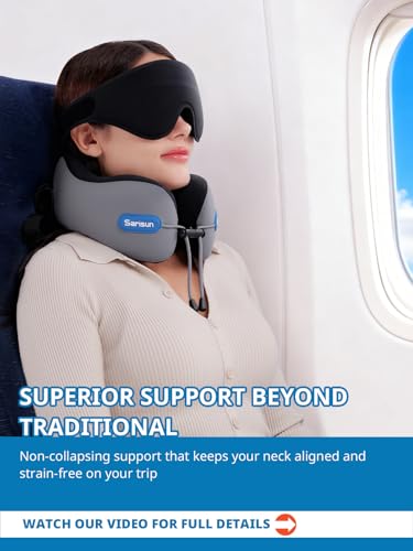 SARISUN Travel Neck Pillow for Airplane, Combo 3D Eye Mask and Seat Strap - color: Grey&black