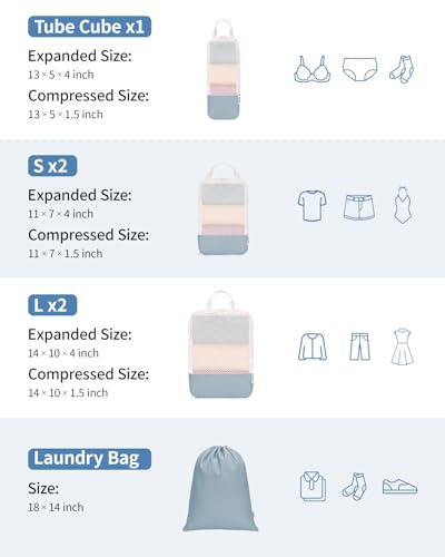 Narwey Compression Packing Cubes for Travel, Cute Luggage Organizer Bags - color: Grayish Blue
