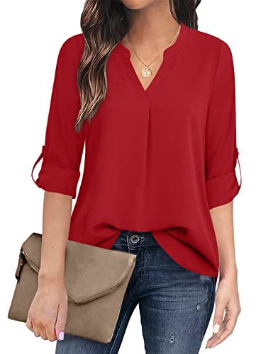 Timeson Women's Casual Chiffon V Neck 3/4 Sleeve Blouse Tops - color: Red, size: Medium