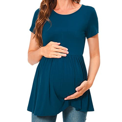 Bearsland Short Sleeve Maternity Top - color: Lake Blue & Light Grey & White Dots, size: Small
