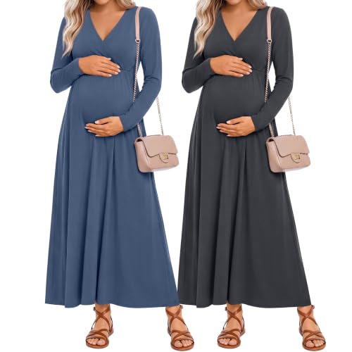 Neer 2 Pcs Maternity Maxi Dresses Long Sleeve Fall Nursing Dress - color: Haze Blue, Dark Gray, size: Medium