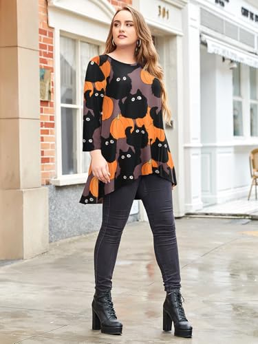 LARACE Womens Plus Size 3/4 Sleeve High Low Swing Tunic Tops - color: Halloween Pumpkin Cat, size: Large