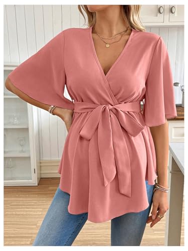 MakeMeChic Women's Maternity Nursing Blouse Wrap Belted Pregnancy Shirt - color: Dusty Pink, size: Medium