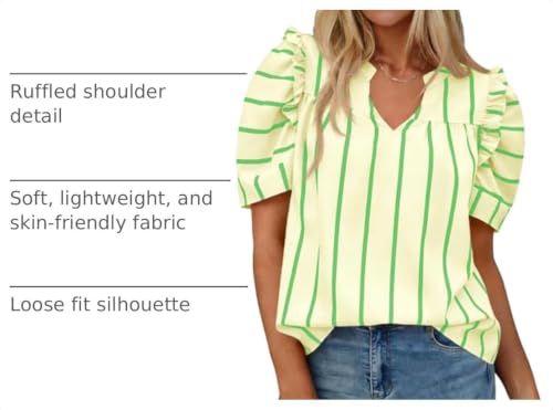 Tankaneo Womens Puff Sleeve Tops Striped Shirts Loose Fit Tunic Blouses - color: Beige, size: Medium