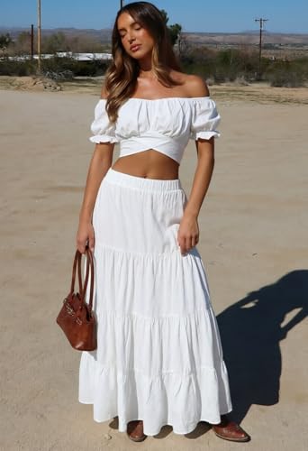 Womens 2 Piece Outfit Boho Summer Vacation Top Maxi Skirt Set - color: White, size: Medium
