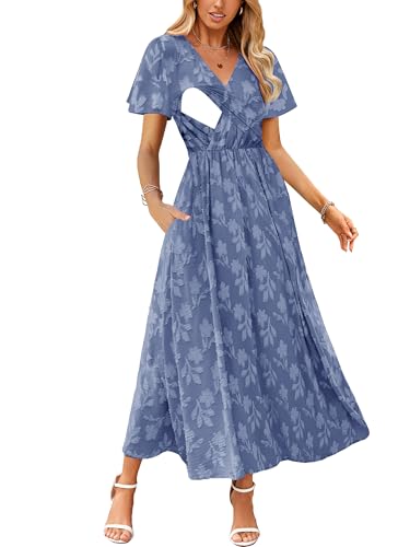 CzzzyL Women's Nursing Floral Dress V Neck Wedding Guest with Pockets - color: Blue, size: Medium