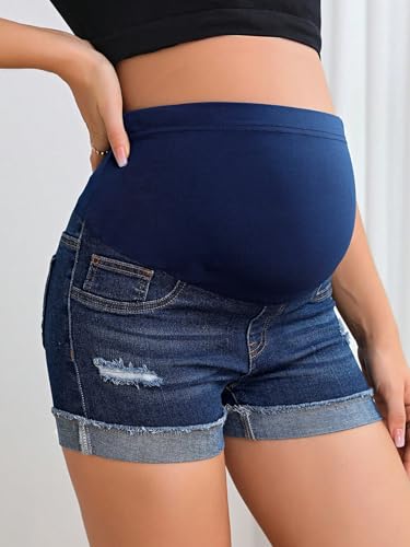 BEAUDRM Women's Maternity Adjustable High Waist Denim Mini Shorts - color: Dark Wash, size: Large