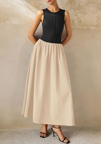 PRETTYGARDEN Pleated Maxi Dresses for Women with Pockets - color: Beige Black, size: Large
