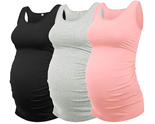 AMPOSH Womens Maternity Tank Tops 3 Pack Cotton Sleeveless Ruched Side Pregnancy Postpartum Shirts Soft Stretch Basic Top - color: 34 Black/Gray/Pale Pink, size: X-Large