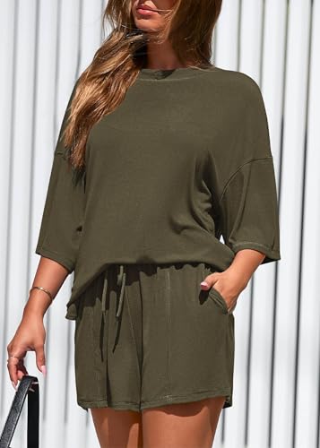 KIRUNDO 2 Piece Sets for Women Summer Lounge Sets Casual - color: Army Green, size: Medium