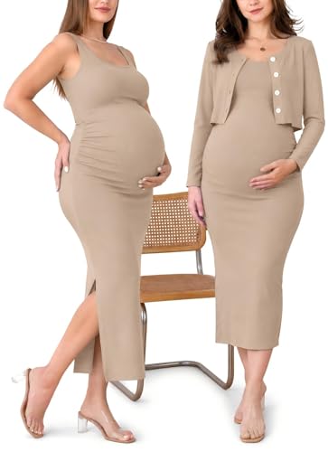 Rnxrbb 2 PCS Maternity Dress Cardigan Set Bodycon Dresses for Women Long - color: Light Coffee, size: Medium