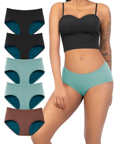 TIICHOO Period Underwear for Women Washable Soft Absorbent Panties 3 Pack - color: 2 Black/2 Turquoise/1 Brown, size: Large