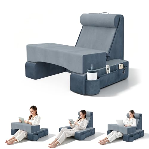 3‑in‑1 Reading Pillow for Bed with Detachable Sponge Lap Desk, Wedge Pillow Set for After Surgery with Adjustable Headrest & Independent Lumbar Support, Detachable Armrest Design for Home Office