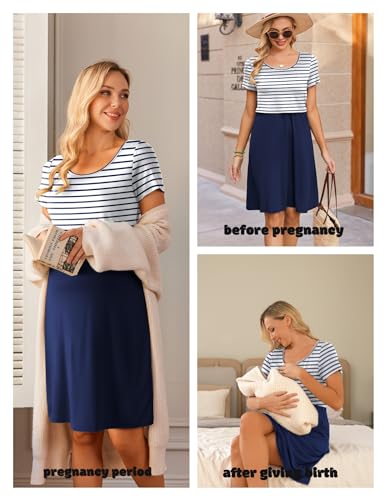 Maternity Summer Dress Breastfeeding Nursing Friendly Pregnancy Dresses - color: Navy-navy Stripe, size: Medium