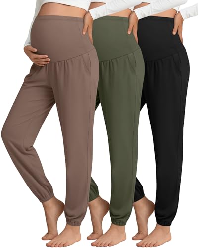 3 Pack Women's Maternity Jogger Pregnancy Sweatpants - color: Coffee,army Green,black, size: Medium