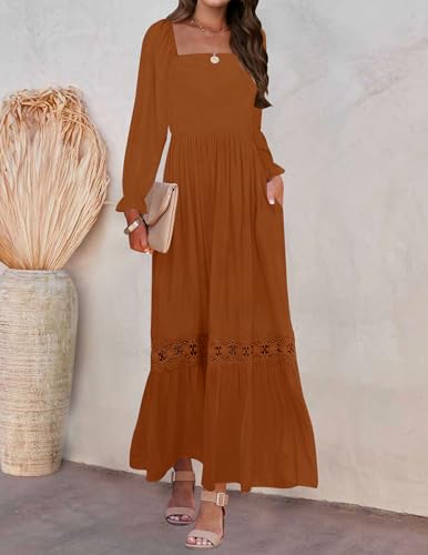 ZESICA Women's 2026 Boho Long Sleeve Fall Maxi Dress - color: Brown, size: Large