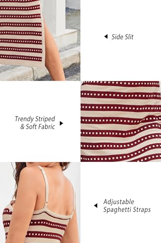OUGES Womens 2025 Spring Maternity Striped Dress Spaghetti Strap Bodycon Knit Side Slit Midi Sweater Casual Dress - color: Red Apricot Striped, size: Medium