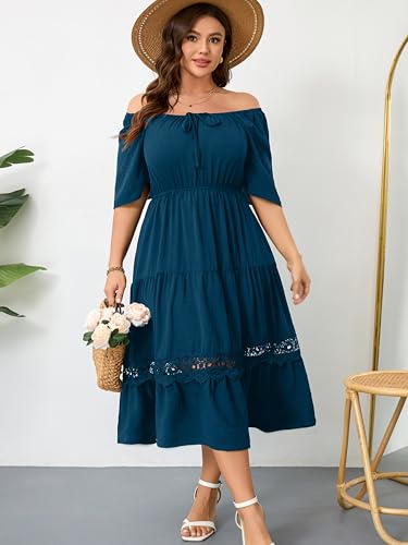 RWJ Women's Plus Size Maxi Dress Short Sleeve Wedding Guest Summer Dresses - color: Lake Blue, size: Large Plus