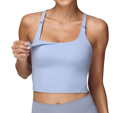 Foucome Nursing Tank Tops Racerback Longline Nursing Sports Bra - color: Light Blue, size: Medium