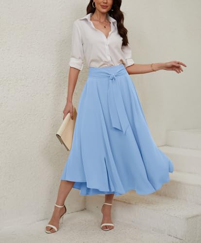 chouyatou Women's Elegant High Waisted Side Slit Irregular Bohemian Maxi Skirt with Pockets - color: Light Blue, size: Medium