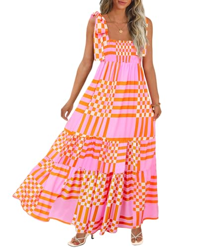CURBODO Women's Summer Maxi Dress Boho Spaghetti Straps Casual Long A-line Smocked Beach Dress Flowy Sun Dresses with Pockets - color: A-pink, size: Large
