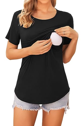 3 Pack Women Nursing Tops Short Sleeve Breastfeeding Shirts Maternity Tees - color: 3pcs- Black + Brown + Stripe Brown, size: Small