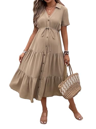 OYOANGLE Women's Maternity Button Belted Dress - color: Khaki, size: Medium