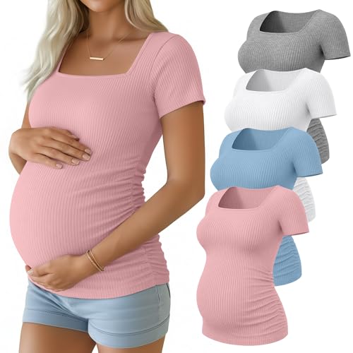 Huukeay 4 Pack Women's Short Sleeve Maternity Shirts - color: Heather Gray, White, Light Blue, Pink, size: Small