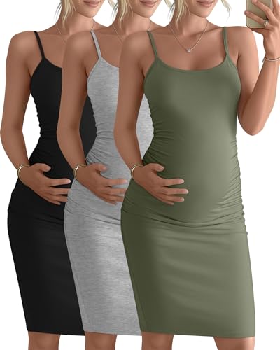 3 Pack Maternity Summer Slip Dress - color: Army Green, Light Gray, Black, size: Medium