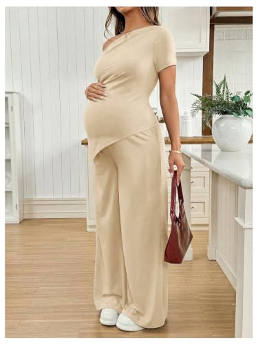 SweatyRocks Women's Maternity Sets 2 Piece Off The Shoulder Top and Pants - color: Beige, size: Large