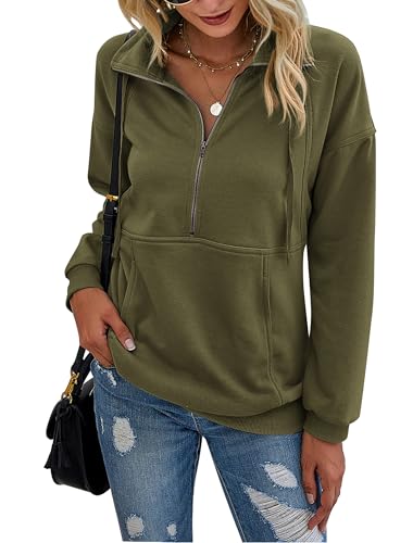 PRETTYGARDEN Women's Casual Long Sleeve Sweatshirt Half Zip Pullover Tops - color: Army Green, size: Medium