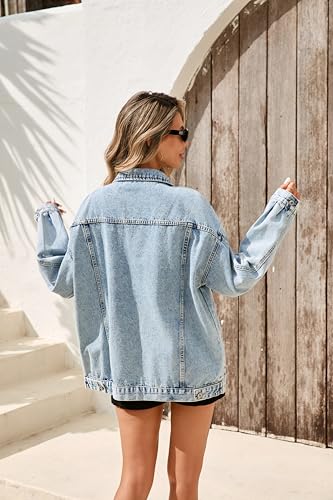 LifeShe Women's oversized Jean Jacket distressed denim Coat with Pockets - color: Black, size: Large