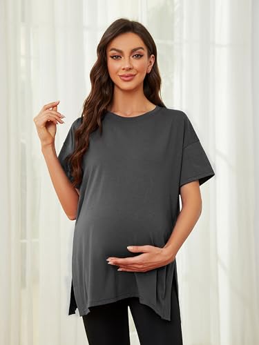 Ecavus Maternity Shirts Side Split Soft Cotton Loose Fit Pregnancy Tops - color: Dark Gray, size: Small