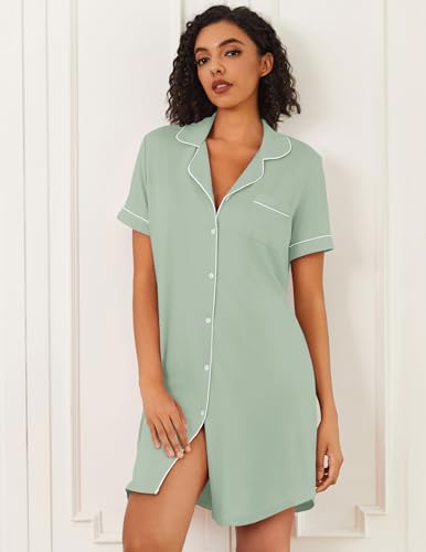 Ekouaer Nightgowns for Women Bamboo Viscose Button Down Sleepshirts - color: Light Green, size: Large