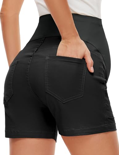 AMPOSH Women's Maternity Casual Cargo Shorts with Pockets Stretchy Summer Wear Pregnancy Clothes - color: Black, size: Medium