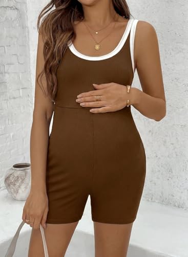 BLENCOT Maternity Stretchy Romper Summer Sleeveless Round Neck Jumpsuit - color: Brown, size: Medium