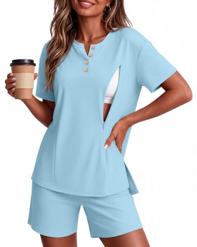 Maternity Nursing Pajama Set - color: Light Blue, size: X-Large