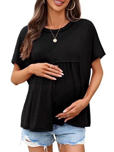 Tankaneo Womens Maternity Tops Batwing Short Sleeve Pregnancy T Shirts - color: Black, size: X-Large