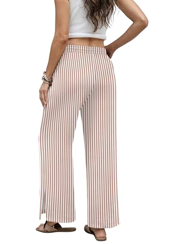 Sampeel Womens Wide Leg Beach Pants Elastic Waist Lightweight Casual Flowy Palazzo Lounge Trousers with Pockets - color: Khaki Stripes, size: Medium