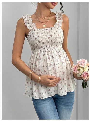 SweatyRocks Women's Maternity Tank Tops Floral Babydoll Blouse Shirts Top - color: Apricot, size: Small